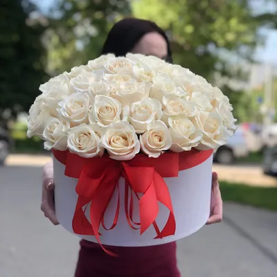 Букет 51 роза в белой шляпной коробке с доставкой в Новосибирске. Служба  доставки цветов и подарков - FLO365