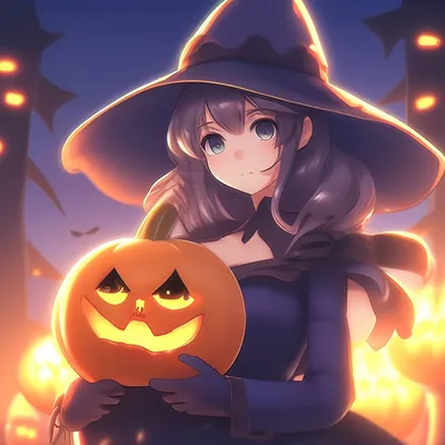 Иллюстрация Аниме девушка с тыквой на Хэллоуин в стиле персонажи |