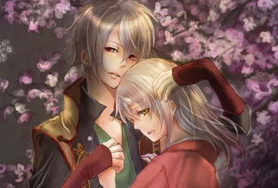 Обои на рабочий стол Okita Sougo обнимает Yukimura / Юкумуру Чизиру, стоя  на фоне цветущей сакуры, из аниме Hakuoui / Демоны сакуры, обои для  рабочего стола, скачать обои, обои бесплатно