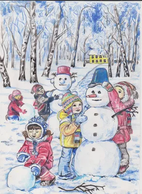 Иллюстрация Зимние забавы в стиле детский, книжная графика,