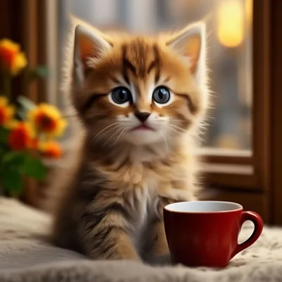 Котенок, чашка кофе или черного чая, книга и надпись \"Доброе утро\". Фон  доска. Котенок маленький. Кофе вкусный. Книга зеленая. Котенок заглядывает  в чашку с напитком Stock Photo | Adobe Stock