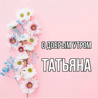 Танюша! Доброе утро! Красивая открытка с милой собачкой и букетом нежных  цветов. Картинка на блестящем фоне.