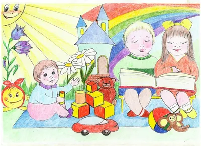 Детский сад с игрушками. Шаблон для детей. Небольшое дошкольное образование  для детей. Рисование, обучение, игра Векторное изображение ©Helen_F  343669228