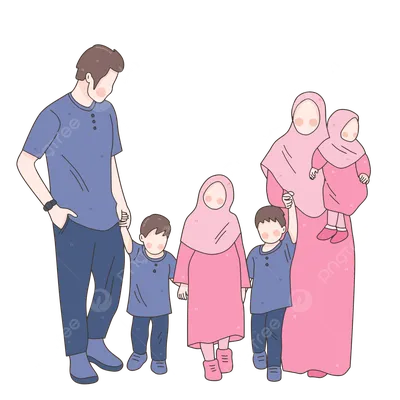 иллюстрация счастливой мусульманской семьи с четырьмя детьми PNG , четверо  детей, счастливая семья, мусульманская семья PNG картинки и пнг PSD рисунок  для бесплатной загрузки