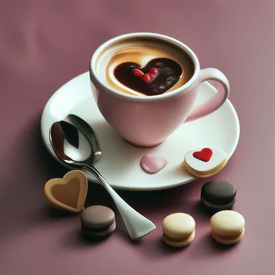 Чашка кофе с сердечком с десертом» — создано в Шедевруме