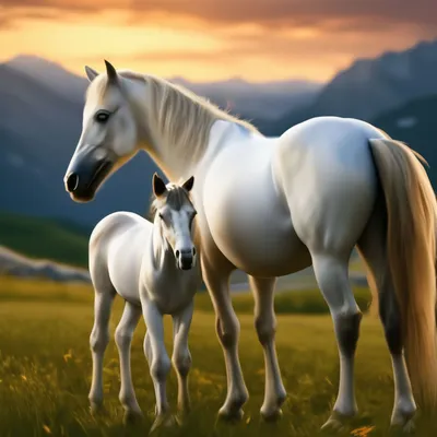 Белая лошадь с жеребенком пасётся …» — создано в Шедевруме