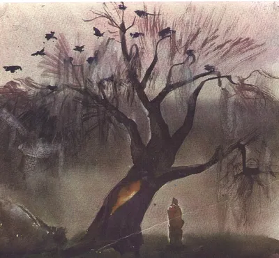 Картина «\"Осенний дождь\"» Бумага, Гуашь 2020 г.