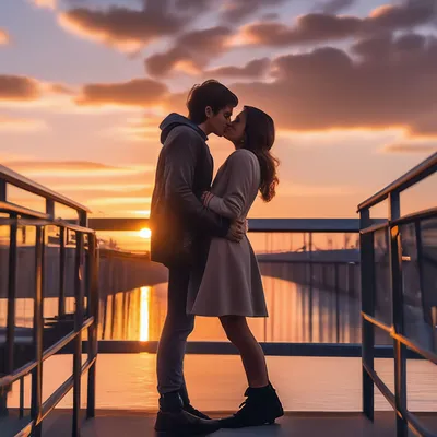 Парень и девушка целуются на мосту…» — создано в Шедевруме
