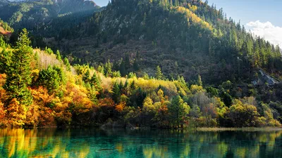 Image Jiuzhaigou park China Nature Autumn Mountains Lake 1366x768