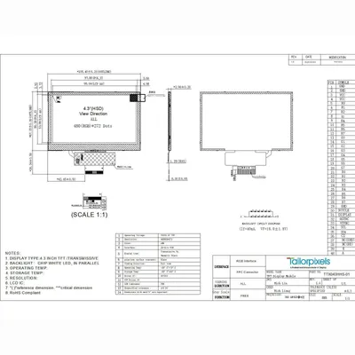 4.3 inch IPS TFT, Wide Temperature, High Brightness, RGB, 480x272 - Tailor  Pixels