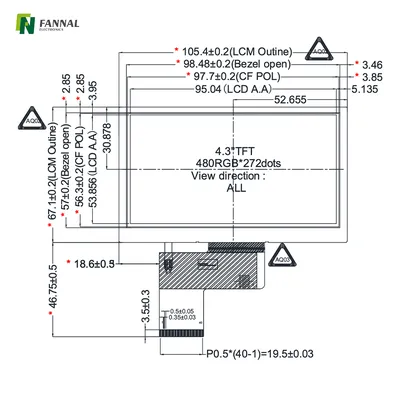 4.3-inch Industrial TFT LCD, 480x272, High Brightness ,800cd/m2, 40PINS RGB