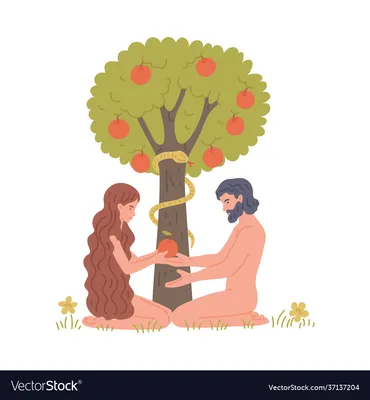 Adam and eve in eden next to apple tree flat Vector Image