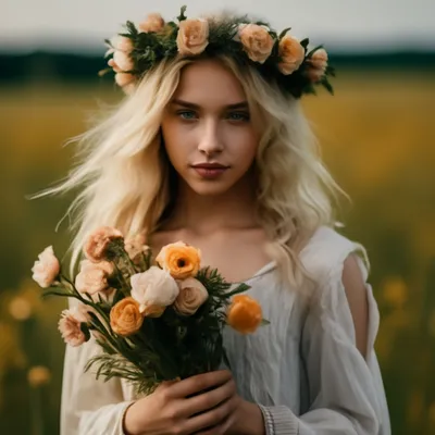 Девушка блондинка со спины с цветами - красивые фото