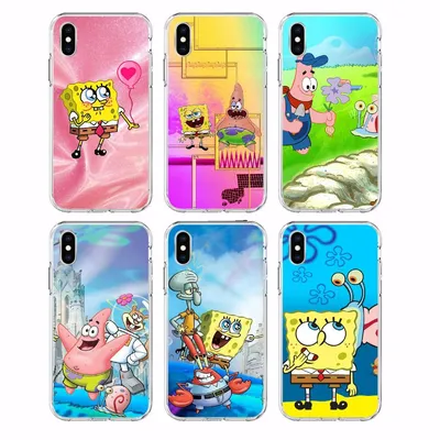 iPhone 12 Pro чехол из силикона - SpongeBob SquarePants Губка Боб  Квадратные Штаны улыбающейся бежит на полной