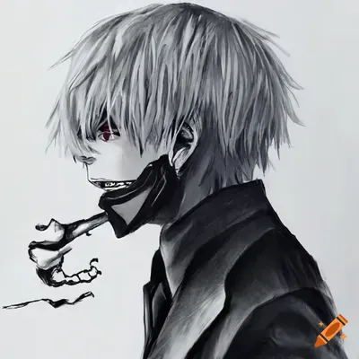 Cosplay of ken kaneki from tokyo ghoul in a white suit on Craiyon