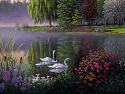 Лебеди на пруду – заказать на Ярмарке Мастеров – 8L9LHBY | Картины, Москва