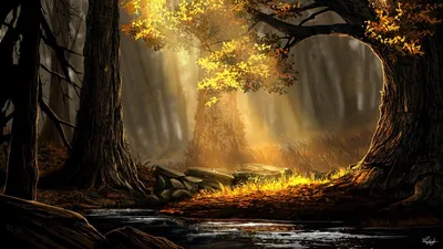 Обои лес, река, деревья, солнечный свет, арт, природа картинки на рабочий  стол, фото скачать бесплатно