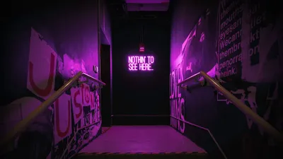 Download wallpaper 1600x900 neon, inscription, wall, purple, backlight  widescreen 16:9 hd background