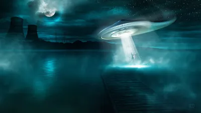 Картинки Ситуация, нло, ufo, похищение, человека, ночь, вода, озеро,  дерево, помост, пирс, гора, завод, трубы, лэп, линии электо передач, туман,  звезды, луна, фантастика - обои 1920x1080, картинка №8590