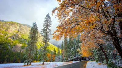 Обои осень, зима, снег, горы, дорога картинки на рабочий стол, фото скачать  бесплатно
