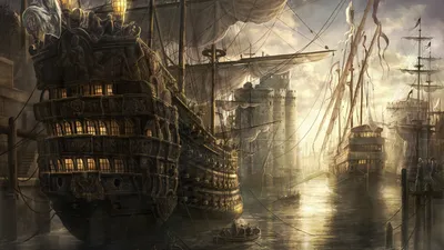 Картинки Море 3D Графика корабль Рассветы и закаты 1080x1920