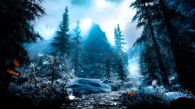 Обои на рабочий стол Зимний пейзаж, компьютерная игра The Elder Scrolls V:  Skyrim, by WatchTheSkiies, обои для рабочего стола, скачать обои, обои  бесплатно