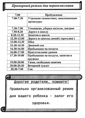 Режим дня ребенка первоклассника: образец шаблон правильного режима дня 1  класса для родителей