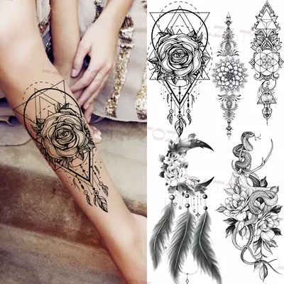Татуировки геометрические для женщин и девушек, временные татуировки с  имитацией татуировки «Змея» с перьями хны, наклейка на ногу, предплечье,  переводная татуировка | AliExpress