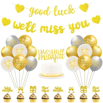 Shining Gold Good Luck Theme Farewell Party Decoration Glitter We'll Miss  You Banner Lucky Wishes Print Balloon Set We Will Miss You Gift Cake Topper  for Men Women Retirement Party Supplies -