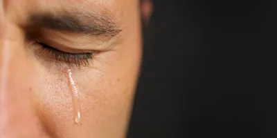 Несчастный плачущий человек со слезами на лице с головной болью, держащей  голову Закрытие студии портрет на сером фоне Стоковое Фото - изображение  насчитывающей взволнованность, кризис: 158487498