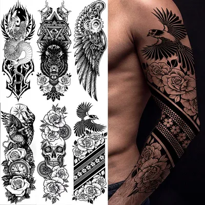 Купить Татуировки на всю руку. Татуировки на всю руку. Татуировки на всю  руку. Татуировки с животными. Наклейки с татуировкой льва и тигра. | Joom