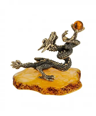Дракон Водный 1316 – фигурка-сувенир из янтаря и латуни, купить оптом