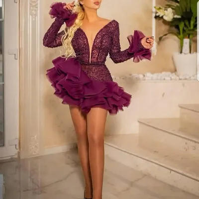 Короткие платья цвета Бургунди, шикарные роскошные женские вечерние платья  с оборками в двух слоях | AliExpress