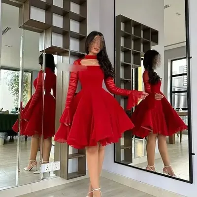 Красные арабские короткие платья для выпускного вечера с длинным рукавом,  трапециевидная шифоновая юбка длиной до колен, женская одежда | AliExpress
