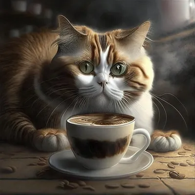 Реальный кот в пижаме пьёт кофе…» — создано в Шедевруме