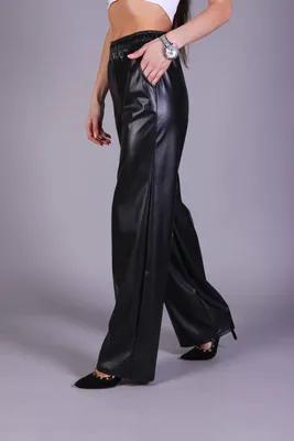 Женские кожаные брюки клеш Lacos, на резинке, с высокой посадкой, черные  купить по цене 1349 ₽ в интернет-магазине KazanExpress