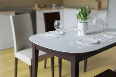Каталог обеденных столов | Купить раздвижной кухонный стол KN 11M,  столешница овальной формы из белого ударопрочного стекла, подстолье венге