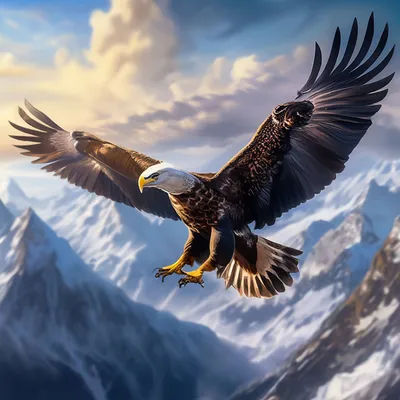 Летящий орел на фоне высокой горы» — создано в Шедевруме