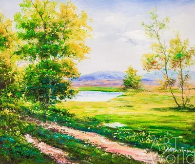 Картина маслом \"Летний день. Вид на озеро и горы\" 50x60 AS210701 купить в  Москве