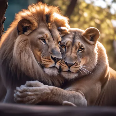 Львица и лев обнимаются, зажмурены, …» — создано в Шедевруме