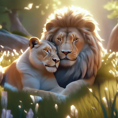 Львица и лев лежат обнимаются на …» — создано в Шедевруме