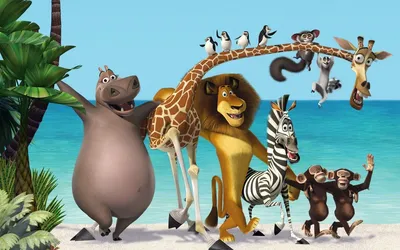 Картинки зебра, три, новый, мадагаскар, new, мультфильм, Madagascar 3,  небо,голубое,море,берег,дерево,ствол,зелень,цветы,,  бегемот,жираф,мартышки,лев,пингвины,животные,настроение,  хвост,копыта,грива, - обои 1280x800, картинка №33981
