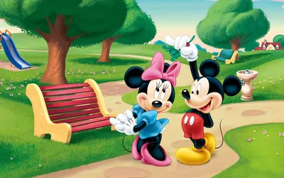 Обои на рабочий стол Микки Маус / Mickey Mouse признается в любви Минни Маус  / Minnie Mouse на тропинке в парке, обои для рабочего стола, скачать обои,  обои бесплатно