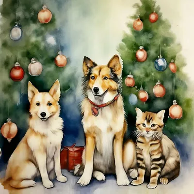Собачки и кошечка около новогодней …» — создано в Шедевруме