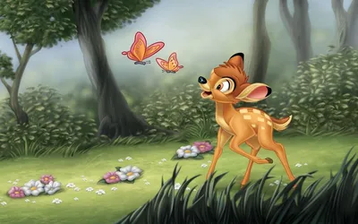 Обои на рабочий стол Олененок Бэмби наблюдает за бабочками в лесу,  мультфильм Bambi / Бэмби, обои для рабочего стола, скачать обои, обои  бесплатно