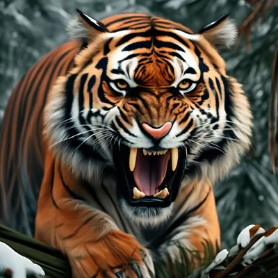 Тигр скалится на еловой ветке, …» — создано в Шедевруме