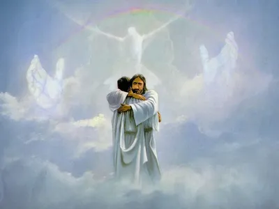 Обои на рабочий стол Иисус на облаках обнимает попавшего в рай человека на  фоне голубя раскинувшего крылья, обои для рабочего стола, скачать обои,  обои бесплатно