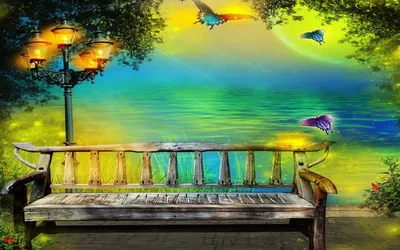 Обои на рабочий стол Сказочная природа: спокойное море, на берегу которого  стоит скамья и порхают волшебные бабочки, обои для рабочего стола, скачать  обои, обои бесплатно