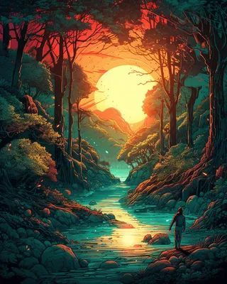 сказочная природа волшебный темный густой лес с ярким солнечным светом и  лучами фантазийный пейзаж с силуэтами оленей Иллюстрация штока -  иллюстрации насчитывающей золотисто, энигматично: 224420972