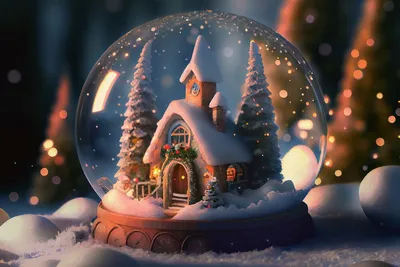 Обои на рабочий стол Стеклянный шар со светящимся домиком и елками на снегу,  обои для рабочего стола, скачать обои, обои бесплатно